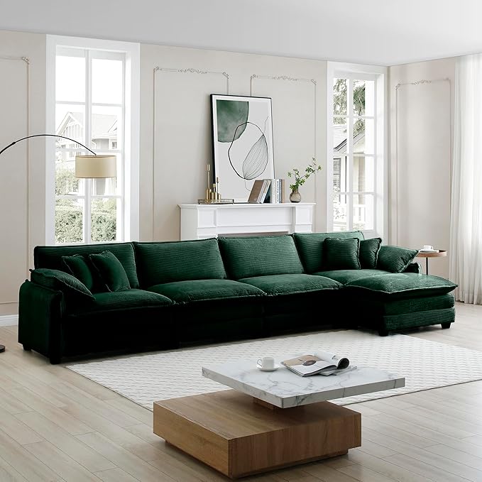 KEIKI 150" L-Shaped Oversized Corduroy Modular Sectional Sofa with 1 Ottoman, High-Density Foam Cushions, Removable Armrests, Upholstered 4-Seater Corner Couch with 6 Pillow, for Living Room, Green