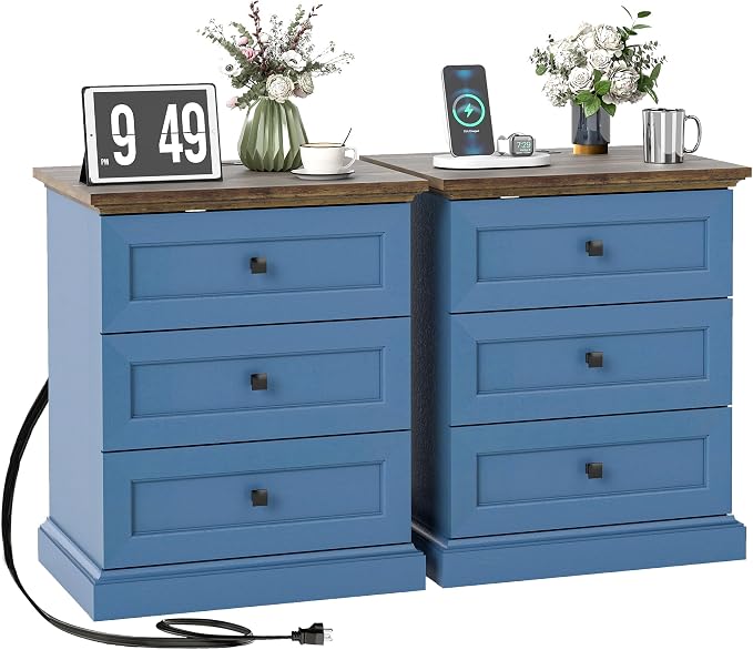 Night Stands Set 2 with Charging Station, Bedside Table with 2 Drawers Storage and Open Shelf, Wood Farmhouse Nightstands with Outlets for Bedroom Office, Blue by Easy-LivingFurniture