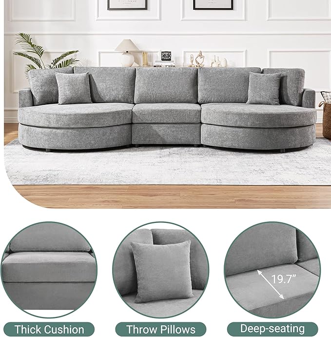Merax 129 inches 3-Seater Curved Chenille Sofa, Modern Upholstered Living Room Couch with Thick Cushions, Includes 2 Throw Pillows, Easy Assembly, Dark Grey