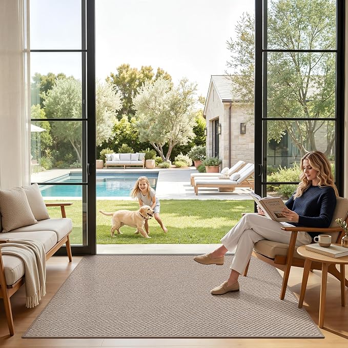 LUMI Ultra Thin Indoor Door Mat for Entrance 48"x72", Non Slip Entryway Mat, Low Profile Doormat, Unique Herringbone Design Carpet for Inside, Patio, Porch, Dark Beige - Image 4