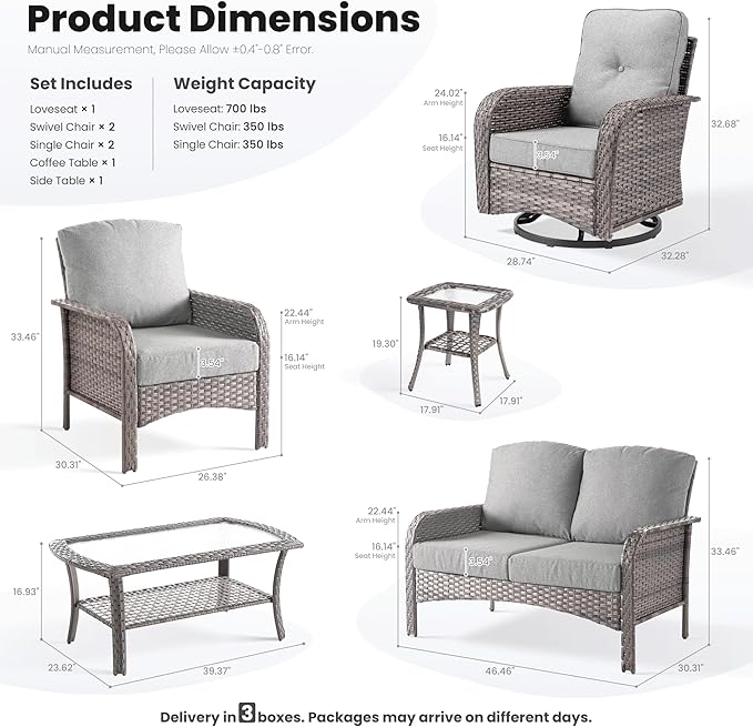 ovios 7-Piece Patio Furniture Set, Outdoor Wicker Sofa with Swivel Chairs Coffee Table, High Back Rattan Couch Loveseat with Comfy Cushions for Porch Yard Deck, Dark Grey