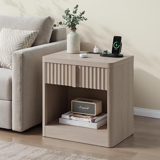 Fluted Nightstand Set of 2 with Charging Station, 23.6" Wood End Table with Solid Wood Handle, Curved Profile Design, Mid Century Moden Bedside Table for Bedroom, White Alder - Image 2