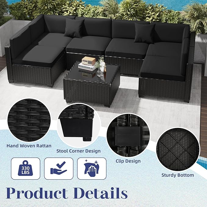 KIGOTY Patio Furniture Set,14 Pieces Modular Outdoor Sectional Sofa, PE Rattan Patio Conversation Set, All Weather Wicker Patio Furniture with Cushions and Coffee Table (Black/Black)