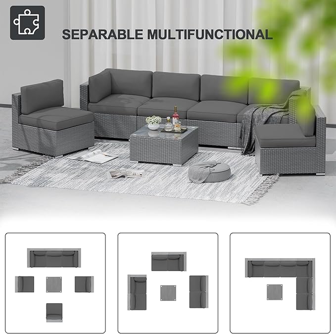 SUNCROWN Outdoor Patio Furniture Set 7 Piece Outdoor Sectional Sofa Grey Wicker Conversation Sofa Set with Coffee Table, Cushions and Fire Pit Table -Grey
