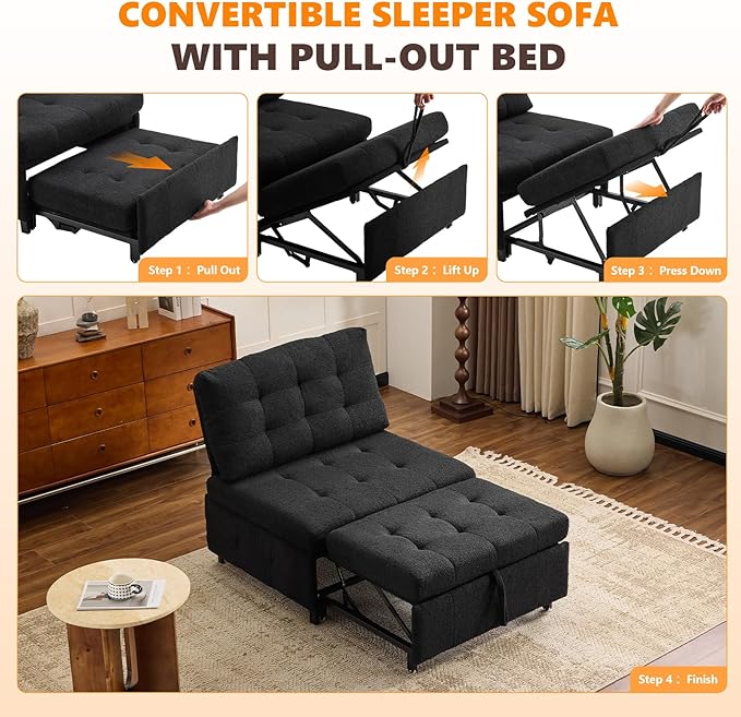 VINGLI Convertible Sofa Bed Tufted Teddy Fleece Sleeper Chair Bed Couch Armless Living Room Chairs with Adjustable Backrest Pull Out Couch Bed for Small Spaces