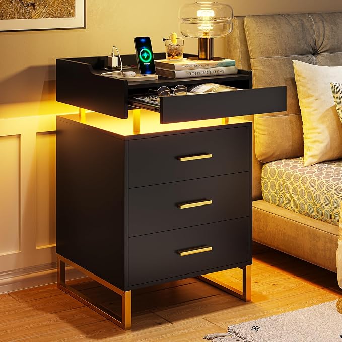 BTHFST LED Nightstand with Charging Station, Night Stand with 3 Drawers and 1 Pull-Out Tray, End Side Table with Storage, Bedside Table with LED Lights & Metal Legs, Black and Gold by BTHFST