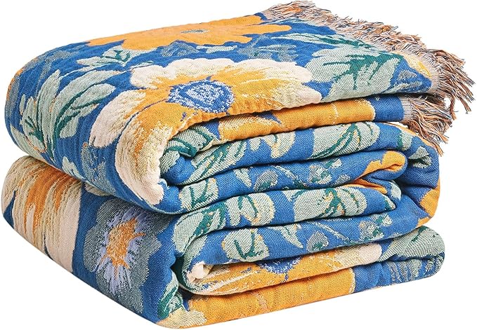 LUTBM Boho Throw Blanket for Bed Cotton Spring Blankets for Bedroom Living Room Twin All Season Lightweight Floral Embroidery Quilt for Couch Sofa Chair 60"x80"