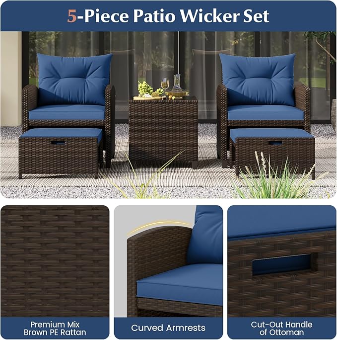 Tangkula 5 Pieces Patio Conversation Set, PE Wicker Rattan Outdoor Furniture Set with 2 Chairs, 2 Ottomans & Tempered Glass Coffee Table, Ideal for Poolside, Backyard, Lawn, Deck, Mix Brown & Navy
