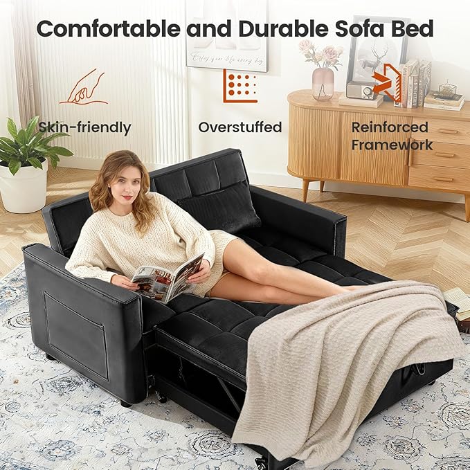 Pull Out Couch, Loveseat Sleeper Sofa Bed with Side Pockets, 3 in 1 Velvet Fabric Convertible Sofa Bed with Adjustable Backrest for Living Room, Bedroom, Apartment, Black
