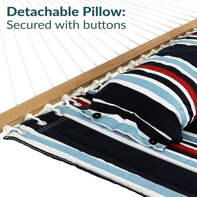 Sunnydaze Quilted Double Hammock for Outside with Spreader Bars and Pillow - 450 lb Capacity, 74x55 Inch Bed, UV Resistant, Quick Dry - Chains Included, Stand Sold Separately - Nautical Stripe - Image 7