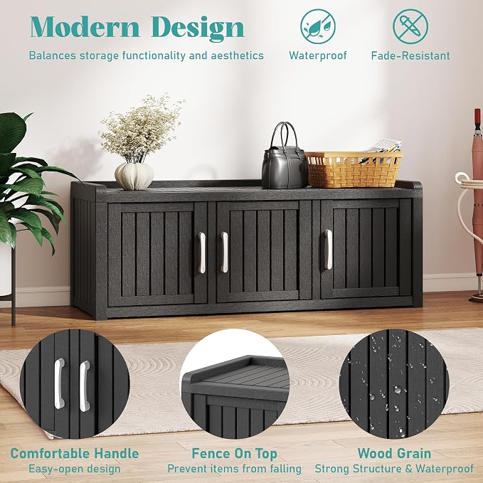 2-Tier Storage Bench, Waterproof UV-Resistant Outdoor Shoe Storage Cabinet with 3 Doors & Adjustable Shelves for Indoor Outdoor Entryway, Hallway, Living Room (Black) - Image 4