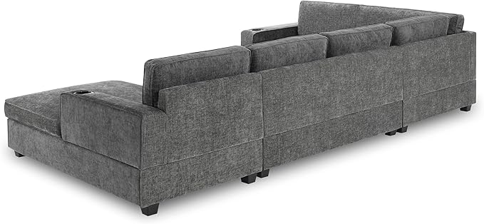 Merax Modern U-Shaped Cloud Couch Set with Oversized Chaise Lounge, Chenille 6-Seat Sectional Sofa Sleeper Bed with Cup Holders for Living Room Dark Gray