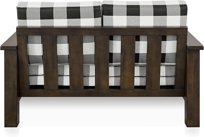 Furniture of America Gavik Modern 2-Piece Solid Wood Sofa Set with Plaid Removable Cushions, Black and White Upholstery Fabric, Comfortable Couch and Loveseat for Living Room, Dark Walnut
