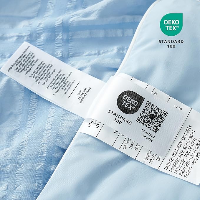 Cozy Bliss Cooling Comforter Seersucker Plaid Twin Size, Q-Max 0.45 Lightweight Cooling Blanket, Breathable Silk Smooth Summer Bedding Quilt for Hot Sleepers Night Sweats Blue