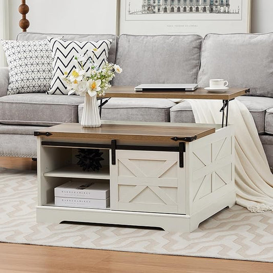Farmhouse Lift Top Coffee Table, Wood Square Coffee Table with Sliding Barn Door and Adjustable Shelf Rustic Center Table with Hidden Storage Compartment for Living Room, Rustic White