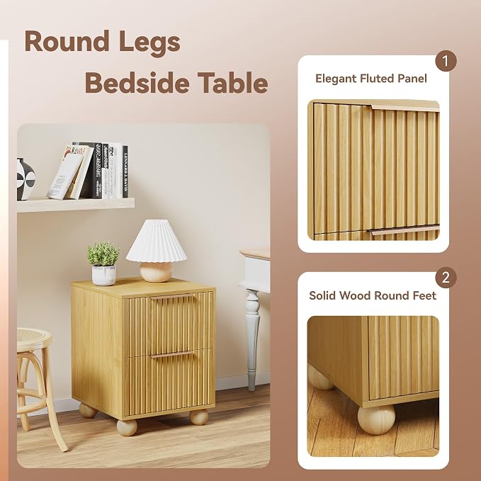 Fluted Nightstand - Modern Boho Oak Wood nightstand with Storage Drawer, Mid Century Bedside Table with Solid Wood Legs for Bedroom and Small Spaces - Image 4