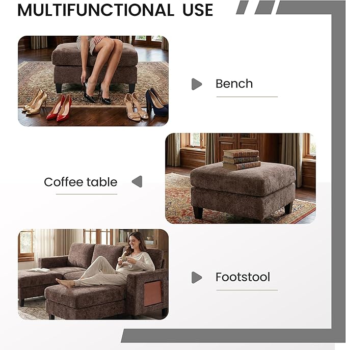 118" Sectional U-Shaped Cloud Couch, Modular Modern 4-Seat Sofa, with USB Type C Ports, Foldable Side Table and 2 Ottomans, for Home Living Room, Brown