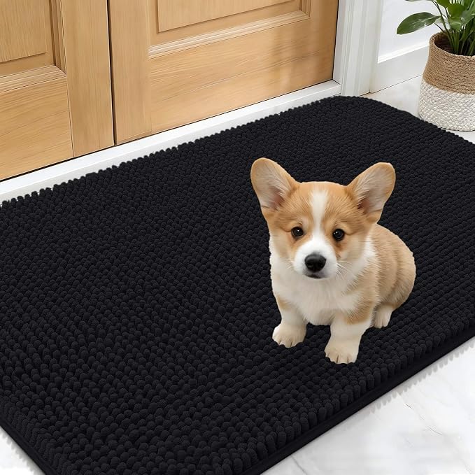 OLANLY Dog Door Mat for Muddy Paws 30x17, Absorbs Moisture and Dirt, Absorbent Non-Slip Washable Doormat, Quick Dry Chenille Mud Mat for Dogs, Entry Indoor Entryway Carpet for Inside Floor, Black by OLANLY