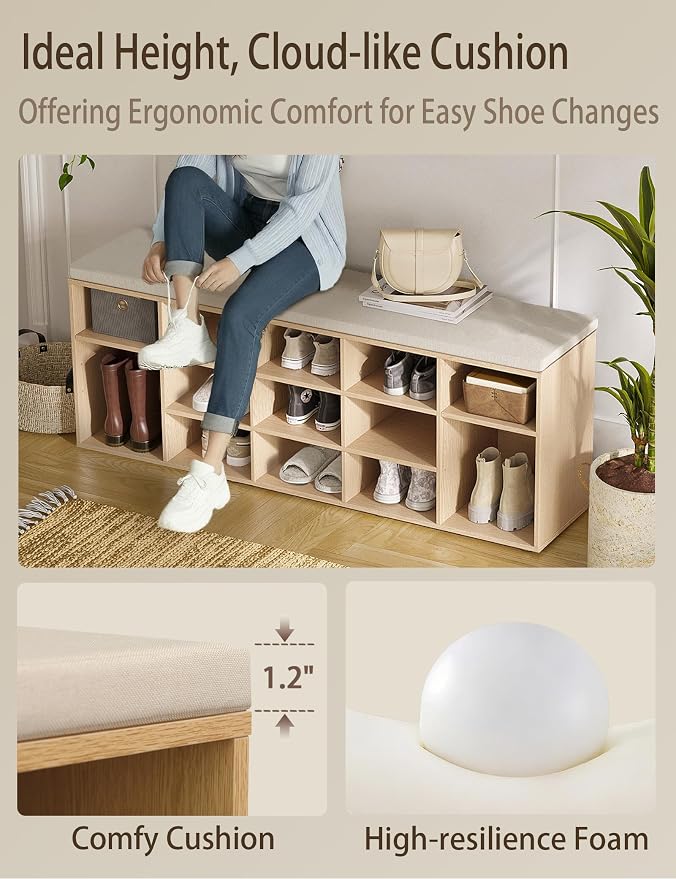 DINZI LVJ Shoe Storage Bench with Cushion, 15-Cubby Shoe Rack, Adjustable Shelves, Long Shoe Organizer Bench for Entryway, Mudroom, Hallway, Living Room, Bedroom and Garage, Natural - Image 7