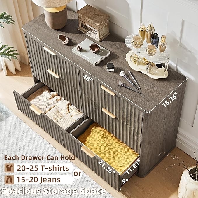 LEYAOYAO Fluted Dresser and 3 Drawers Nightstand Set of 2, Wood 48" Wide Dresser & 23" Night Stand with Charging Station, 3 Piece Bedroom Furniture Set, Chest of Drawers for Home,Living Room,Grey