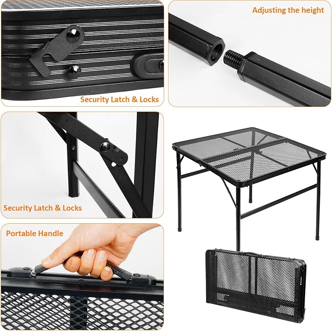 Square Folding Card Table with Adjustable Height (12" & 26"), Black Portable Metal Mesh Table for Camping, BBQ, Picnic, Game, Patio & Indoor Use, Fits 2–4 People, Lightweight 7.6 lb, Supports 66 lb - Image 5