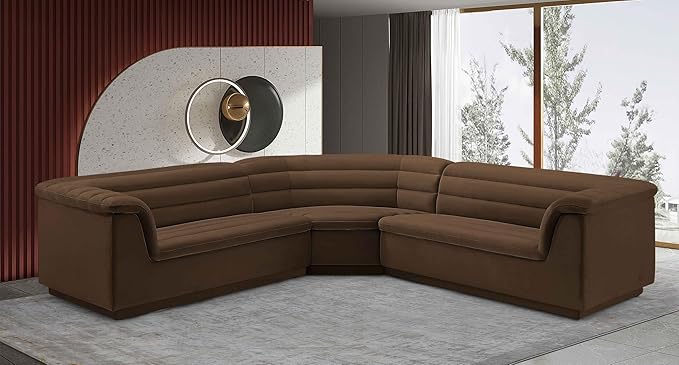 Meridian Furniture 194Brown-Sectional Cascade Collection Modern | Contemporary Modular Sectional with Soft Brown Velvet Fabric, Deep Channel Tufting, Curved Arms, 148" W x 80" D x 28" H, Brown