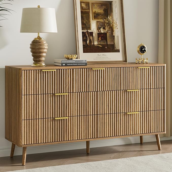 LYNSOM Fluted Dresser and Nightstand Sets 4 Piece, 2-Drawer Nightstands and 5/7 Drawers Dresser, Wood Bedroom Furniture Set for Home, Bedroom, Walnut