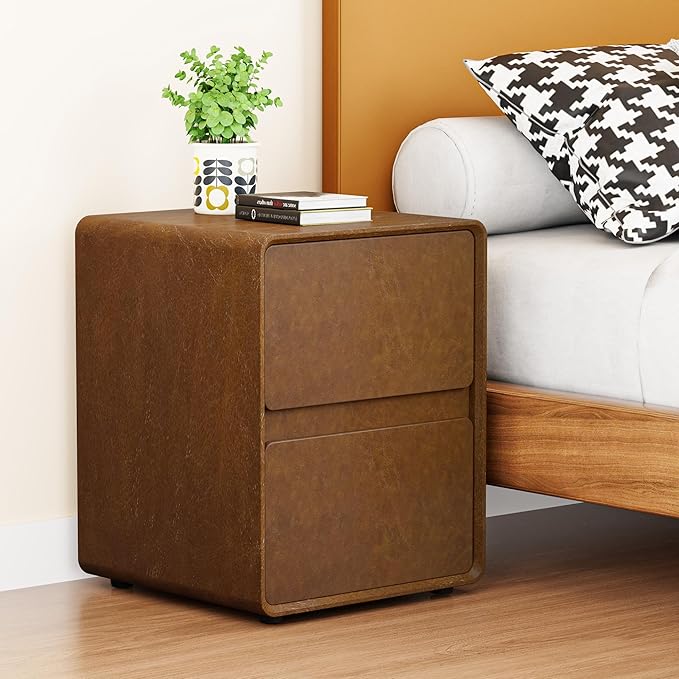 15.8" W Leather Narrow Nightstand Set of 2, Modern Fully-Assembled Bedside Table with 2 Drawers, Night Stand Small End Table & Side Table for Bedroom, Brown - Image 2