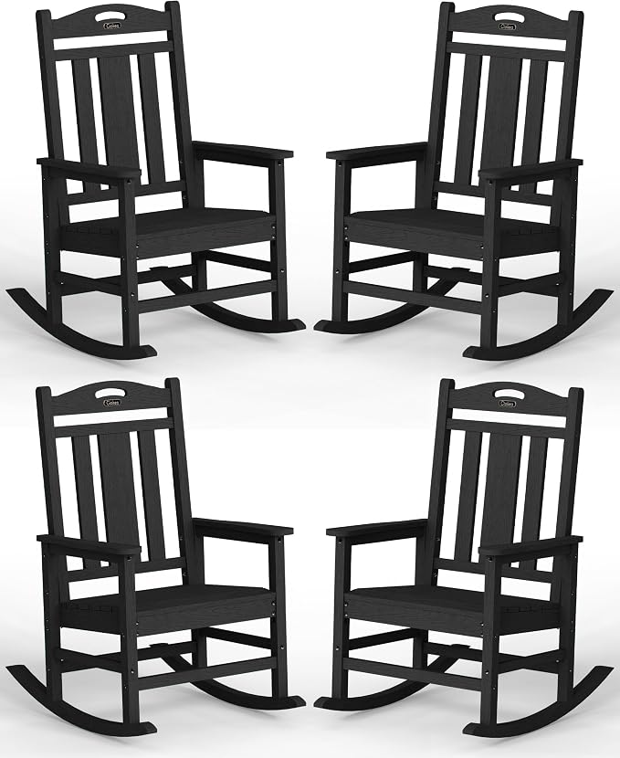Ciokea Oversized Outdoor Rocking Chairs Set of 4, 380lbs Heavy-Duty Large Patio Rocker, High Back Cozy Porch Chairs, Weather Resistant Patio Rocking Chairs for Outside, Fire Pit, Deck, Black by CIOKEA