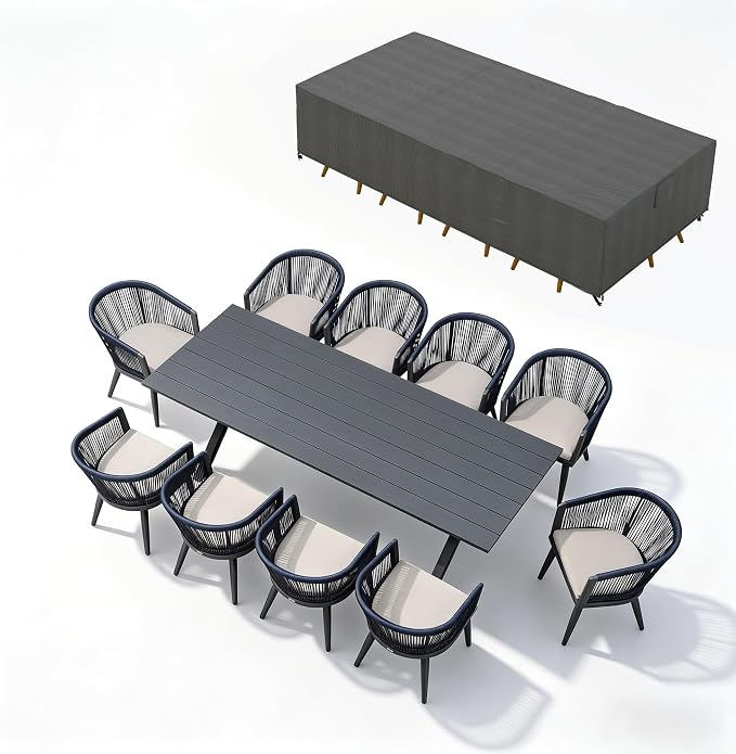 PURPLE LEAF Outdoor Dining Set with Waterproof Furniture Cover 11-Piece All-Weather Patio Set for 10 with Gray Aluminum Table Rope Weave Chairs and Cushions, Gray by PURPLELEAF