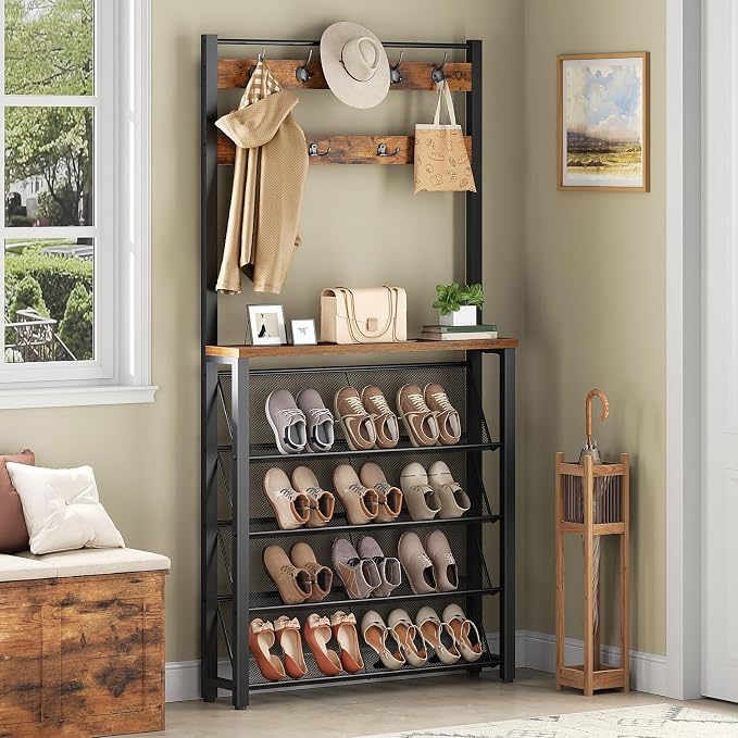 HOOBRO Hall Tree with Bench, Narrow Shoe Rack with Coat Rack, Coat Rack with Shoe Storage, 5 Tier Slanted Shoe Storage Organizer, Coat and Shoe Rack Entryway, Slim Hall Tree, Rustic Brown BF20MT01 by HOOBRO