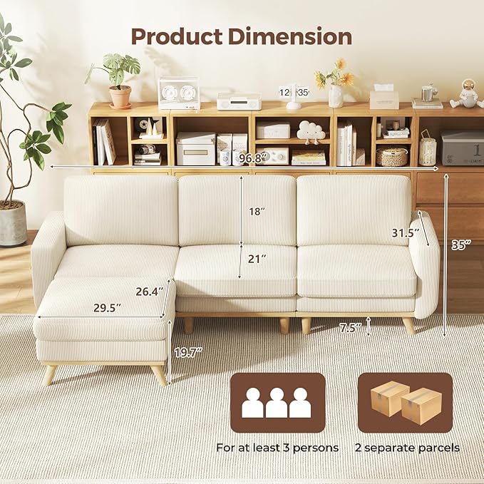 97" Beige Corduroy Modular Sectional Sofa, L-Shaped Couch with Movable Ottoman & Spring Cushion, Deep Seat Modular Sofa for Living Room Bedroom Apartment