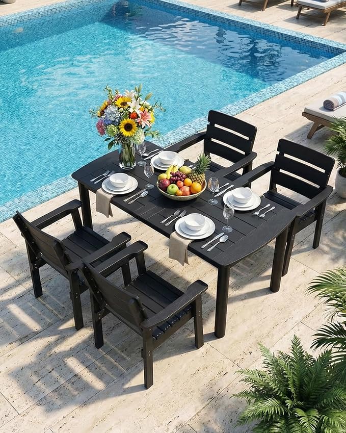 Outdoor Rectangle Dining Table with Rounded Edge, 67" All-Weather HIPS Patio Table for 6, Outdoor Furniture with Umbrella Hole, Ideal for Garden, Poolside, Backyard, Deck, Black - Image 6