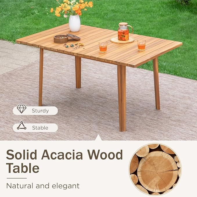 PHI VILLA 7 Pieces Acacia Wood Outdoor Dining Set for 6, Teak Large Wooden Table & Chairs with Wicker Seat and Back, Farmhouse Dining Furniture Set for Patio, Deck, Yard, Porch - Image 2