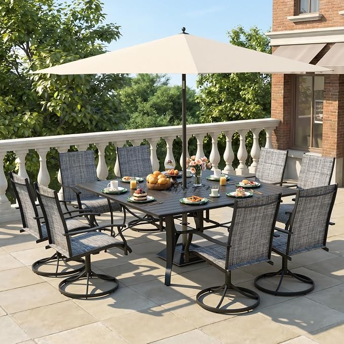 9 Pcs Patio Dining Set for 8, All Weather Outdoor Furniture Set, 59.6" Square Metal Dining Table with Umbrella Hole and 8 High Back Textilene Swivel Chairs for Deck Garden Lawn Poolside, Grey - Image 8