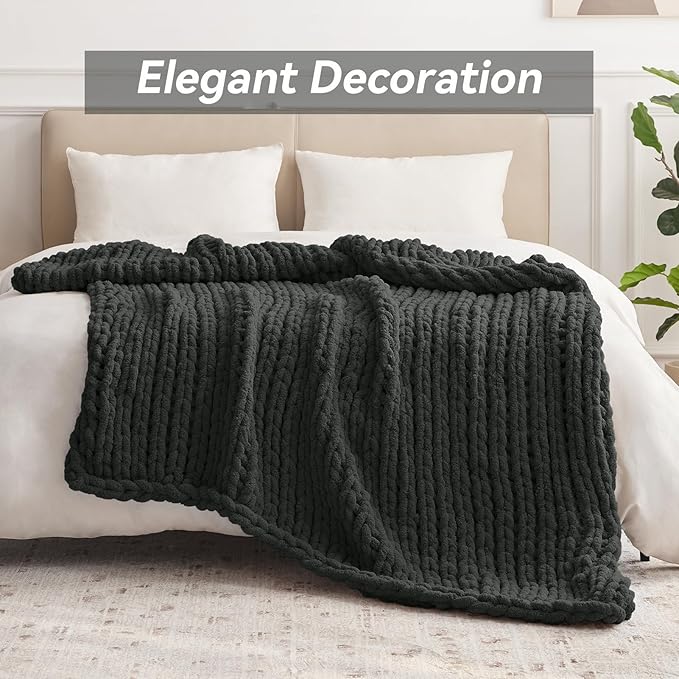 Negwoo Chunky Knit Throw Blanket, 60''*80'' Knitted Throw Chenille Yarn for Bed Couch, Handmade Dark Grey Crochet Big Thick Blanket, Machine Washable Cute Comfy Blanket for Home Decor