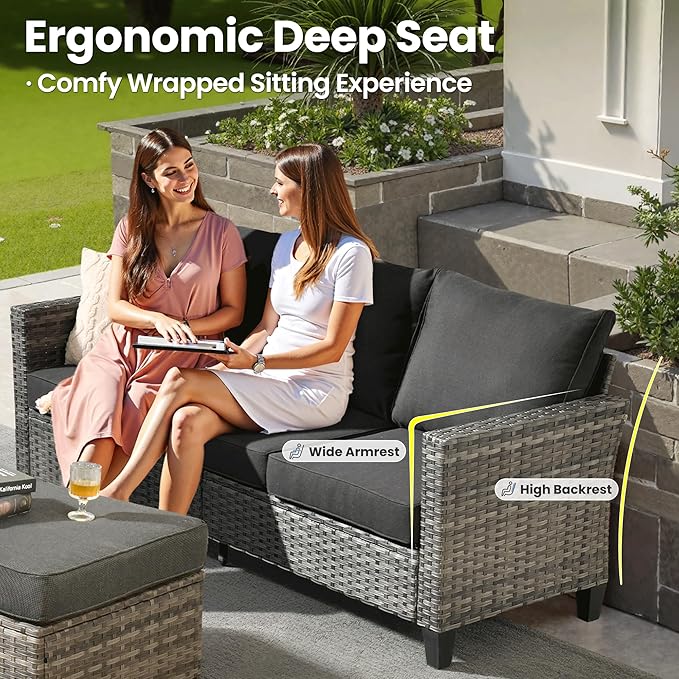 ovios Patio Furniture Set, 5 Pieces Outdoor Wicker Sofa Couch with Chairs, Ottomans and Comfy Cushions, All Weather High Back Rattan Conversation Set, Black
