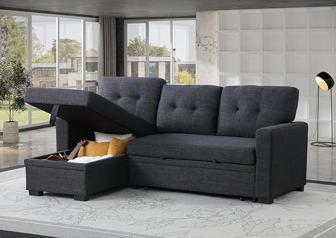 ERYE 82-inch Pull Out Sleeper Couch Bed, L-Shaped Reversible Sleeper Sectional Sofa Linen Blend Tufted Upholstered Corner Convertible Sofa Bed with Storage Chaise