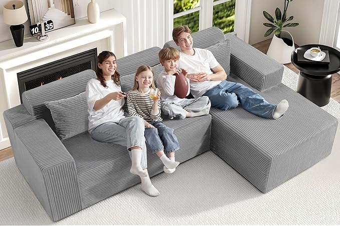 Homguava Modular Sectional Couches for Living Room,105" Cloud Couch with L-Shape Chaise,Comfy Sofa Living Room Sofas with Deep Seat,No Assembly L Couch,Corduroy Fabric(Light Grey,R)
