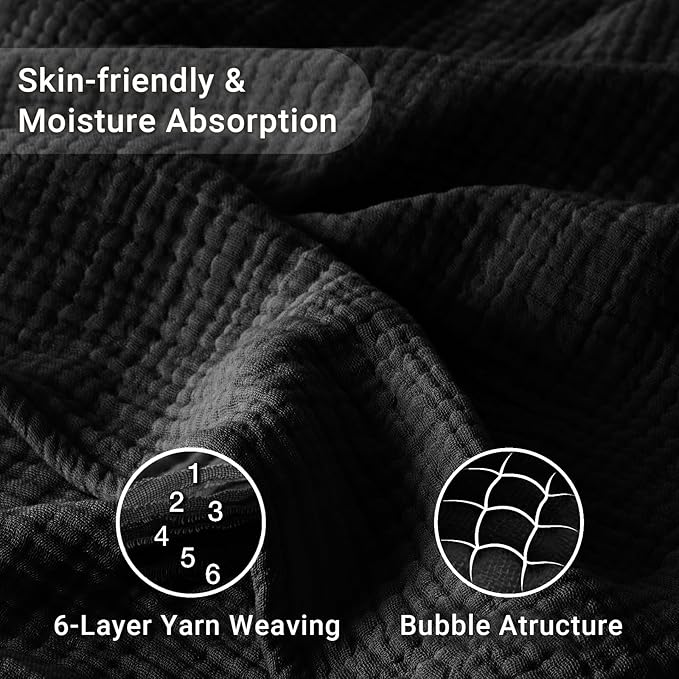 100% Cotton Muslin Blanket King 108" x 90", 6 Layers Breathable and Lightweight Cotton Throw Blankets for Bed, Soft Cooling Summer Gauze Blanket for Adults All Season, Black