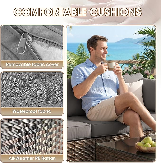 Grezone Patio Furniture Set 7 Piece Outdoor Wicker Sectional Sofa - All Weather High Backrest PE Rattan Couch Conversation Set with Cushion & Glass Top Table for Backyard Deck Porch, (Grey)