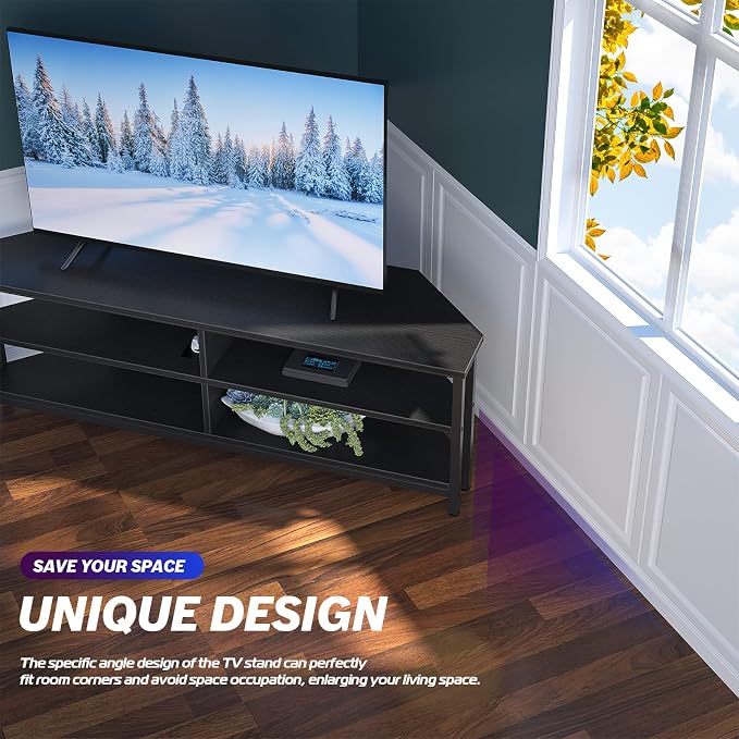 Unikito Corner TV Stand With Power Outlet, Corner Entertainment Center Corner TV Table With 4 Open Storage Corner TV Cabinet Wood TV Stand For Living Room,Bedroom Corner TV Stand For 55 inch TV, Black - Image 2