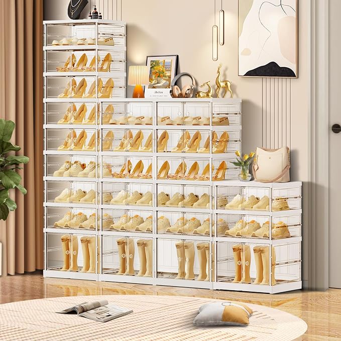 CIMLORD 9-Tier Foldable Shoe Rack for Closet Entryway 18-36Pairs,Stackable Clear Shoe Storage Boxes Organizer with Door Plastic Shoe Cabinet Bins with Lids Shoes Shelf Easy Assembly Large White - Image 5