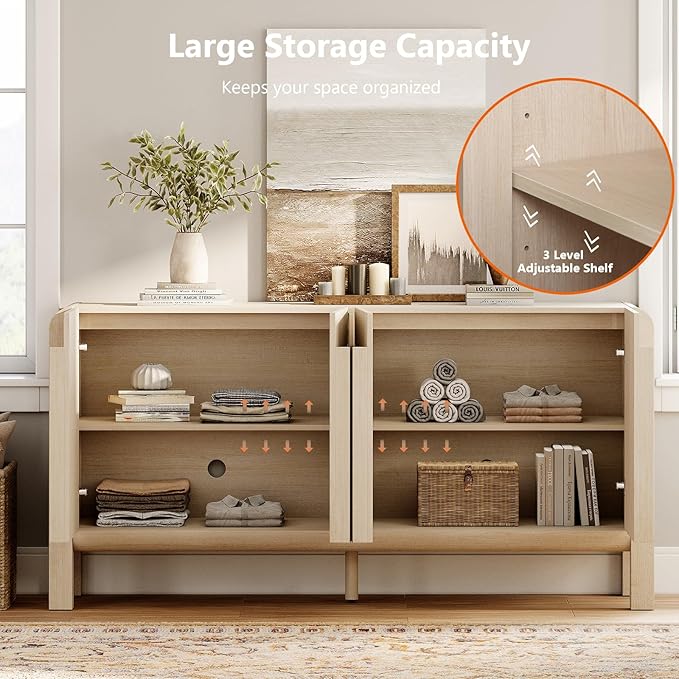 WAMPAT 3 Piece Beige Dresser and Nightstand Set, Modern 63" Wide Dresser Cabinet and Nightstand Set with Charging Station, Wood Storage Closet Chest with Curved Profile Handles for Bedroom