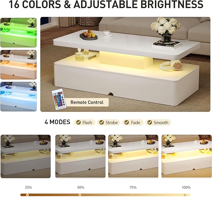 47" Modern Coffee Table with 16 Colors LED Lights, 2 Tier Rectangular Center Table with Large Storage Space, Stylish High Glossy Wooden Tea Tables for Living Room, Bedroom, Home Office, White