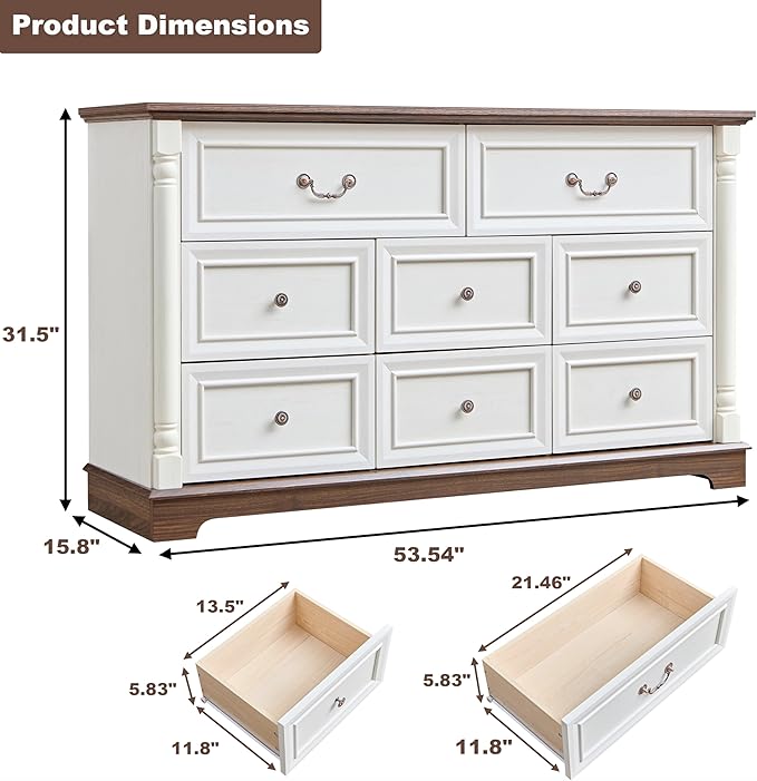 OKYCI 3PC Farmhouse Dresser and Nightstand Sets for Bedroom, Including 8 Drawer Dresser & 2 Drawer Night Stand Set of 2 with USB,Antique White