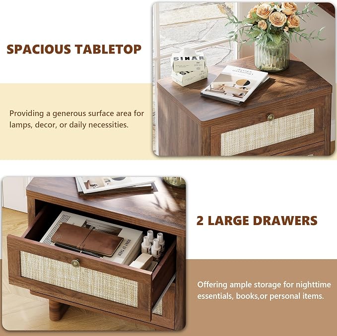 LAZZO Nightstands Set of 2 Large Night Stands 23.6" Wide Bedside Table Set of 2 with 2 Rattan Drawers and Bronze Ring Handles for Bedroom Walnut - Image 6