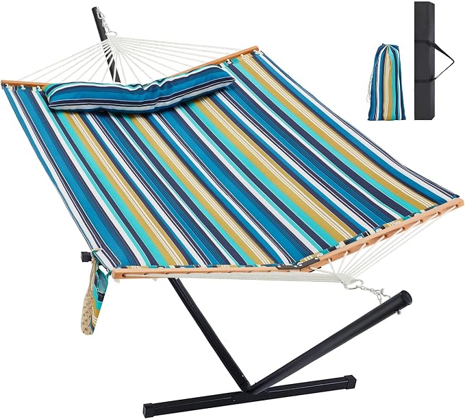 Homgava Two Person Hammock with Stand for Outside Heavy Duty, Outdoor Patio Hammock with Portable Steel Stand, Large Double Hammocks,480lbs Capacity.(Middle Blue Stripes) by HomgavaLiveWhatYouLove