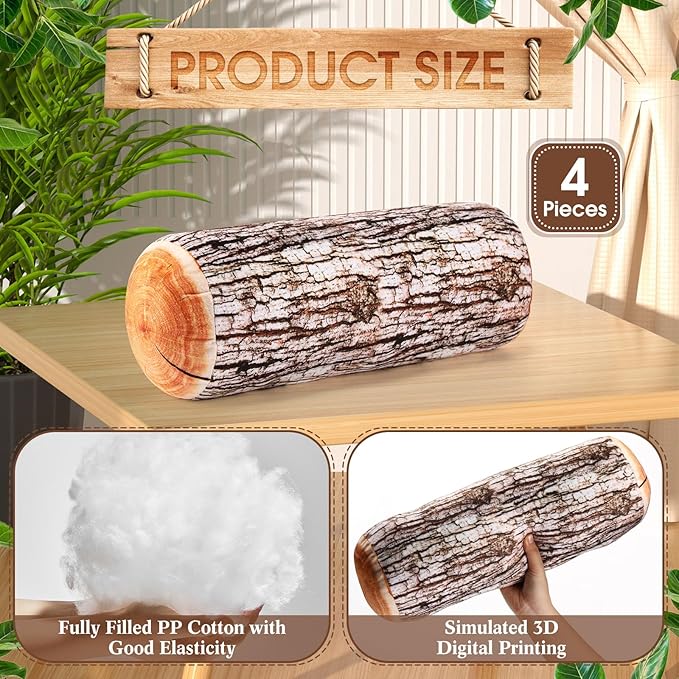 Huwena 4 Pcs Wood Pillows Tree Stump Decorative Round Throw Pillows 3D Digital Print Wood Trunk Stump Cylinder Cushion for Home Sofa Living Room Decor, 15.8 x 5.5 Inch