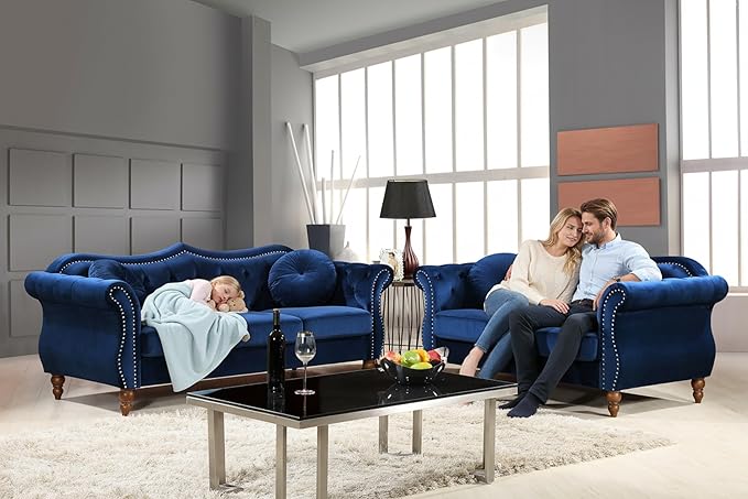 Anna1 Chesterfield Velvet Couches for Living Room, Button Tufted Luxury Upholstery with Rolled Arms, High-Density Foam, Durable Wood Frame, 65.5" Loveseat, Blue